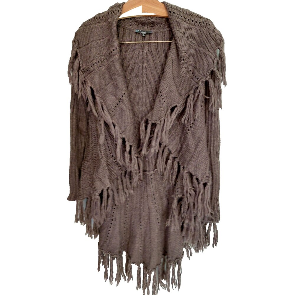 Sioni Bohemian Sweater Womens Sz L Heather Brown Fringed